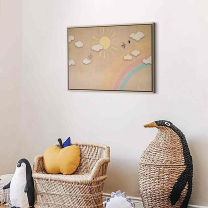 Leinwandbild - Holiday Sky - Sunny Day with a Rainbow and Flying Birds