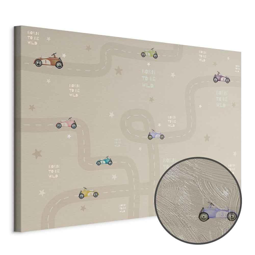 Leinwandbild - Race - Colorful Cars on a Road on a Beige Background with Inscriptions
