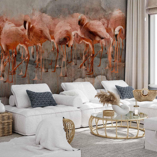 Fototapete - Exotic birds - pink flamingos with shadow on grey concrete background Artgeist