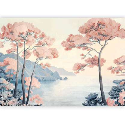 Fototapete - Landscape with the Ocean Cliffs and Trees in Delicate Pink Shades