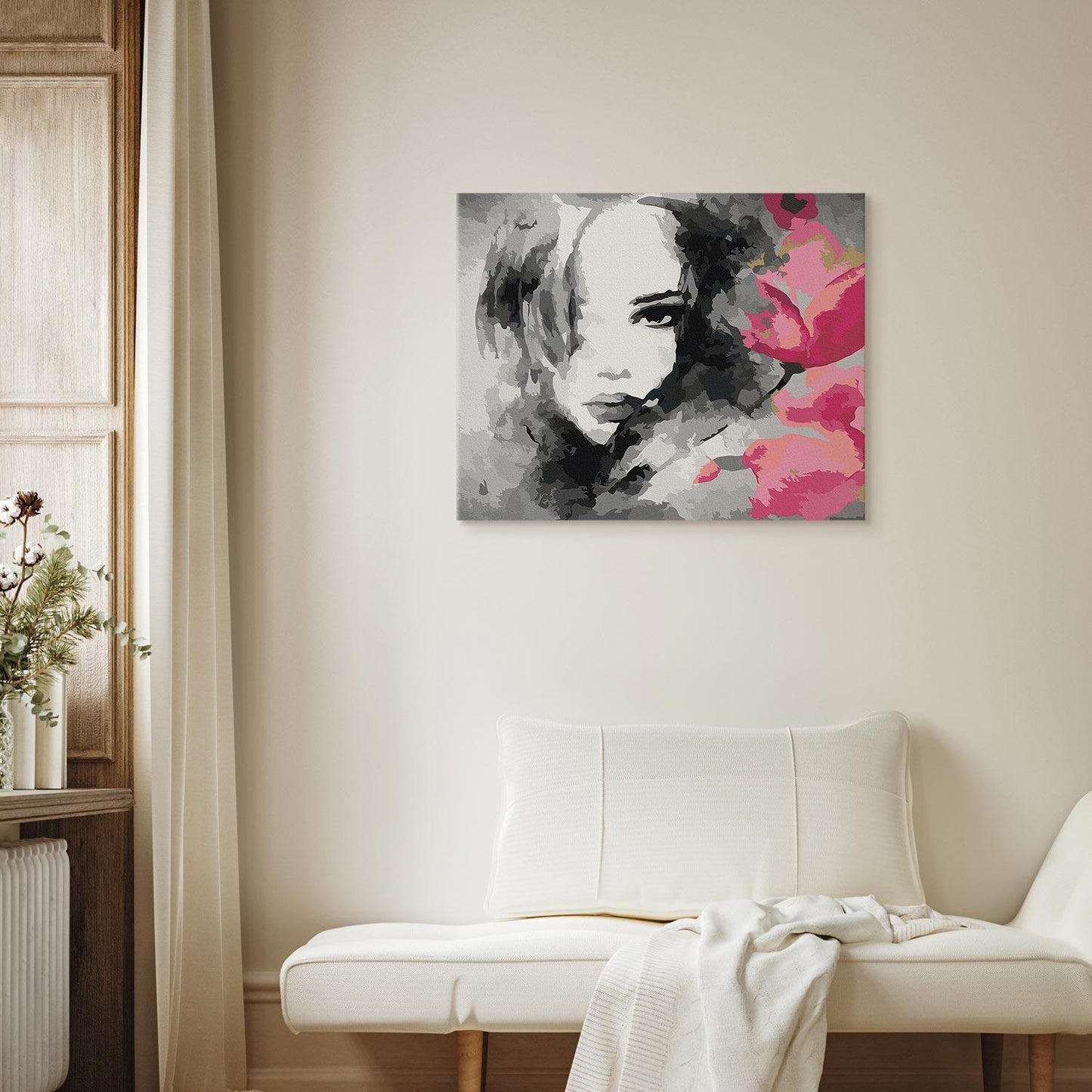 Malen nach Zahlen - Black & White Portrait With A Pink Flower