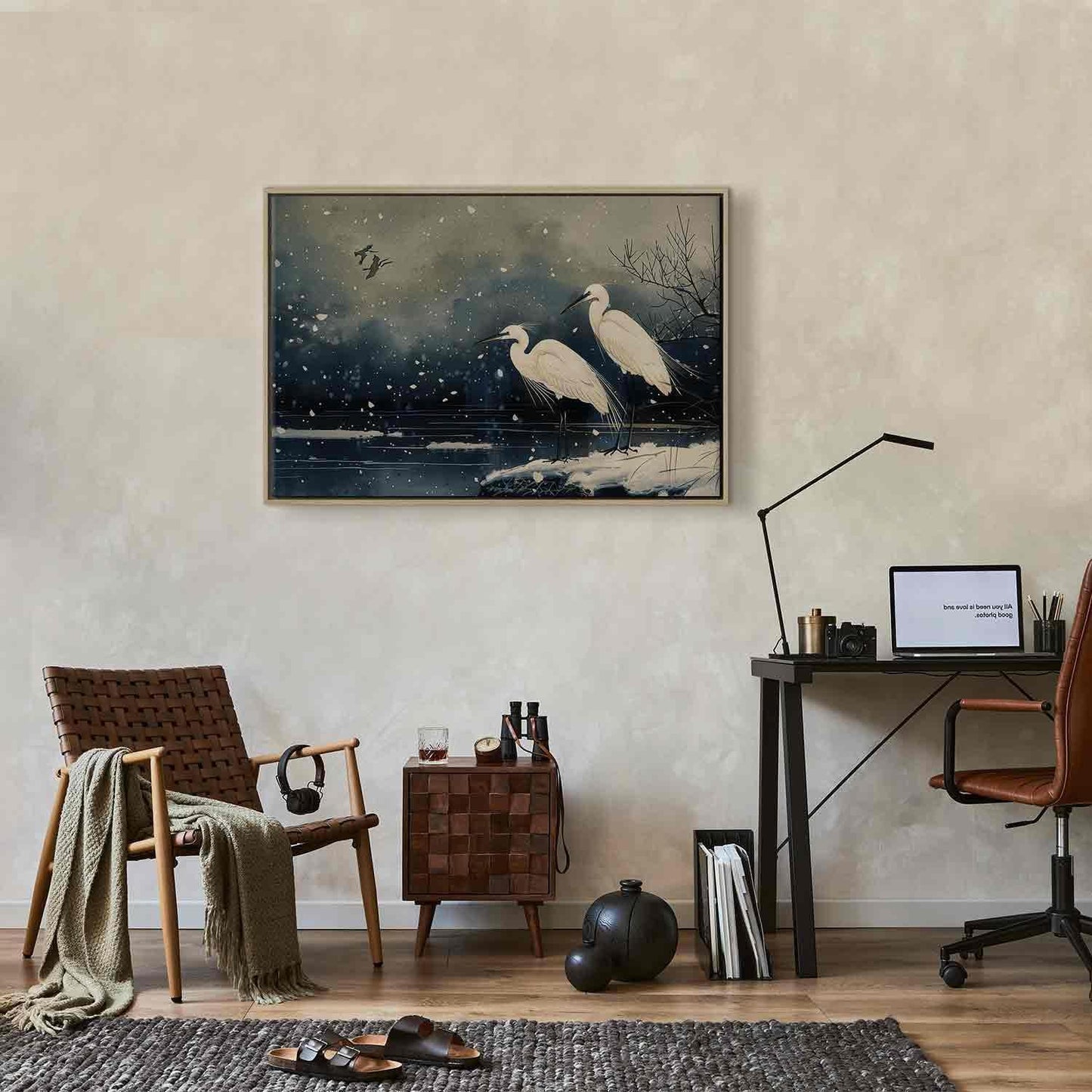 Leinwandbild - Herons over a winter pond - Japanese-style illustration in dark colours