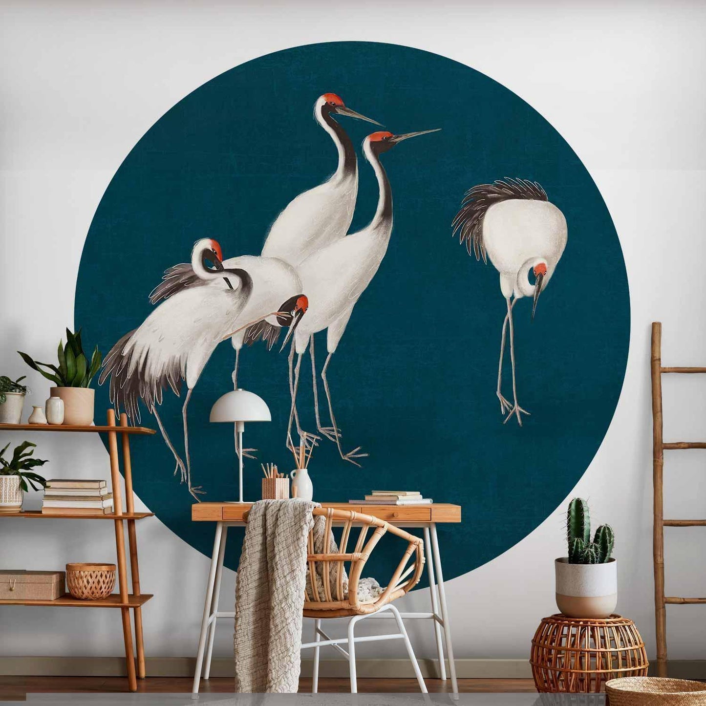 Runde Fototapete - Evening by the pond - a group of cranes drawn in dry pastel on a dark turquoise background