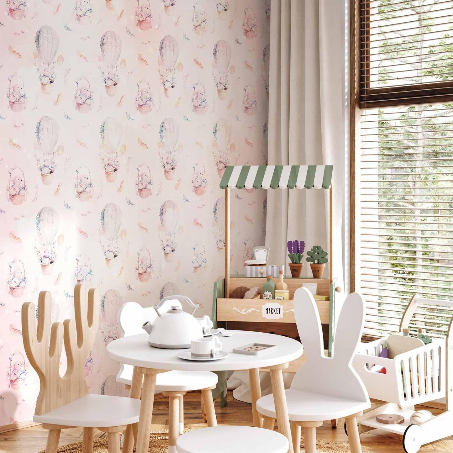 Fototapete - Solid pattern with feathers - hares in a basket and in a balloon for children