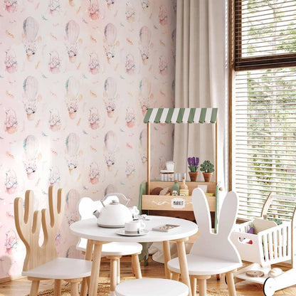 Fototapete - Solid pattern with feathers - hares in a basket and in a balloon for children