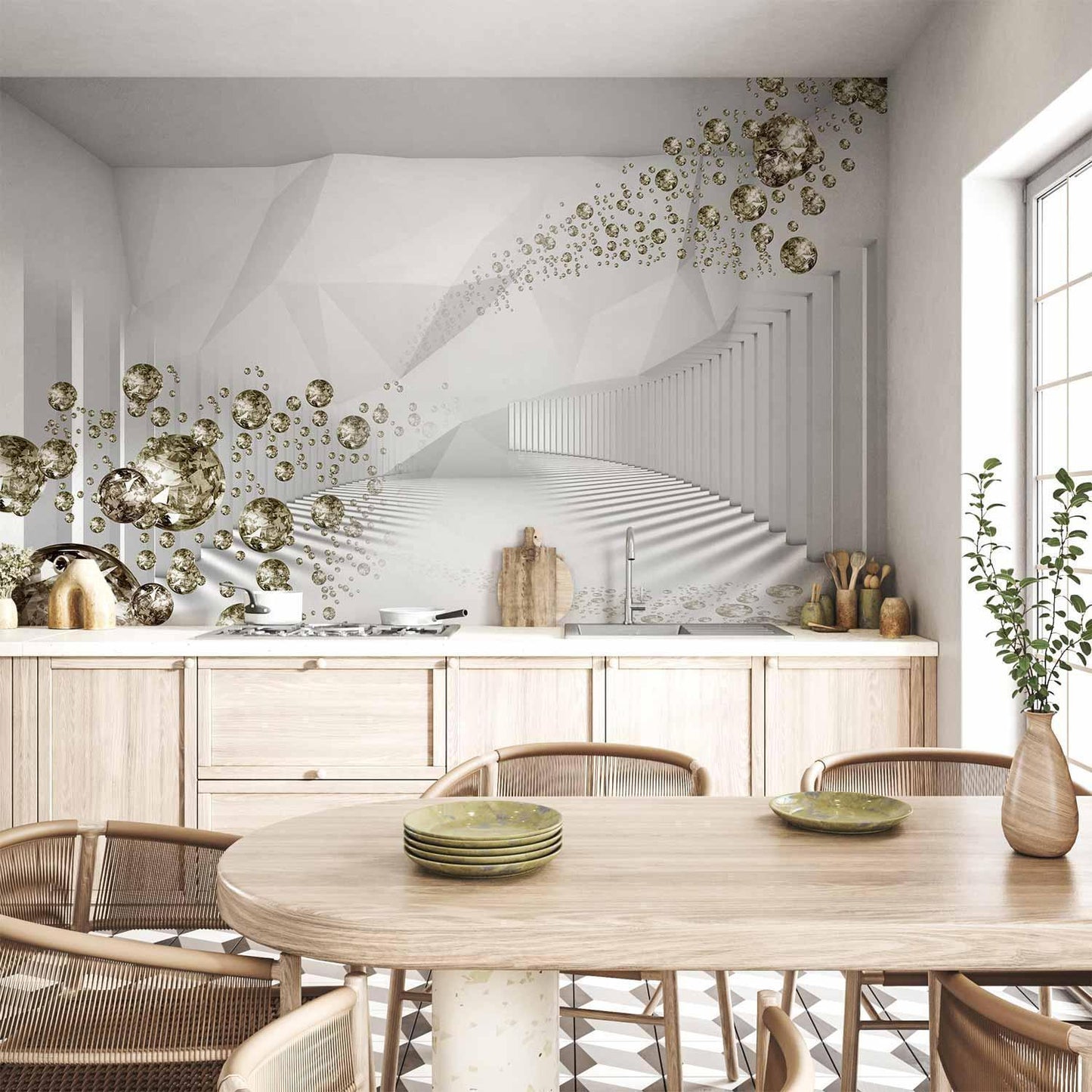 Fototapete Diamant-Kugeln Gold – Schwebende Tropfen mit 3D-Effekt