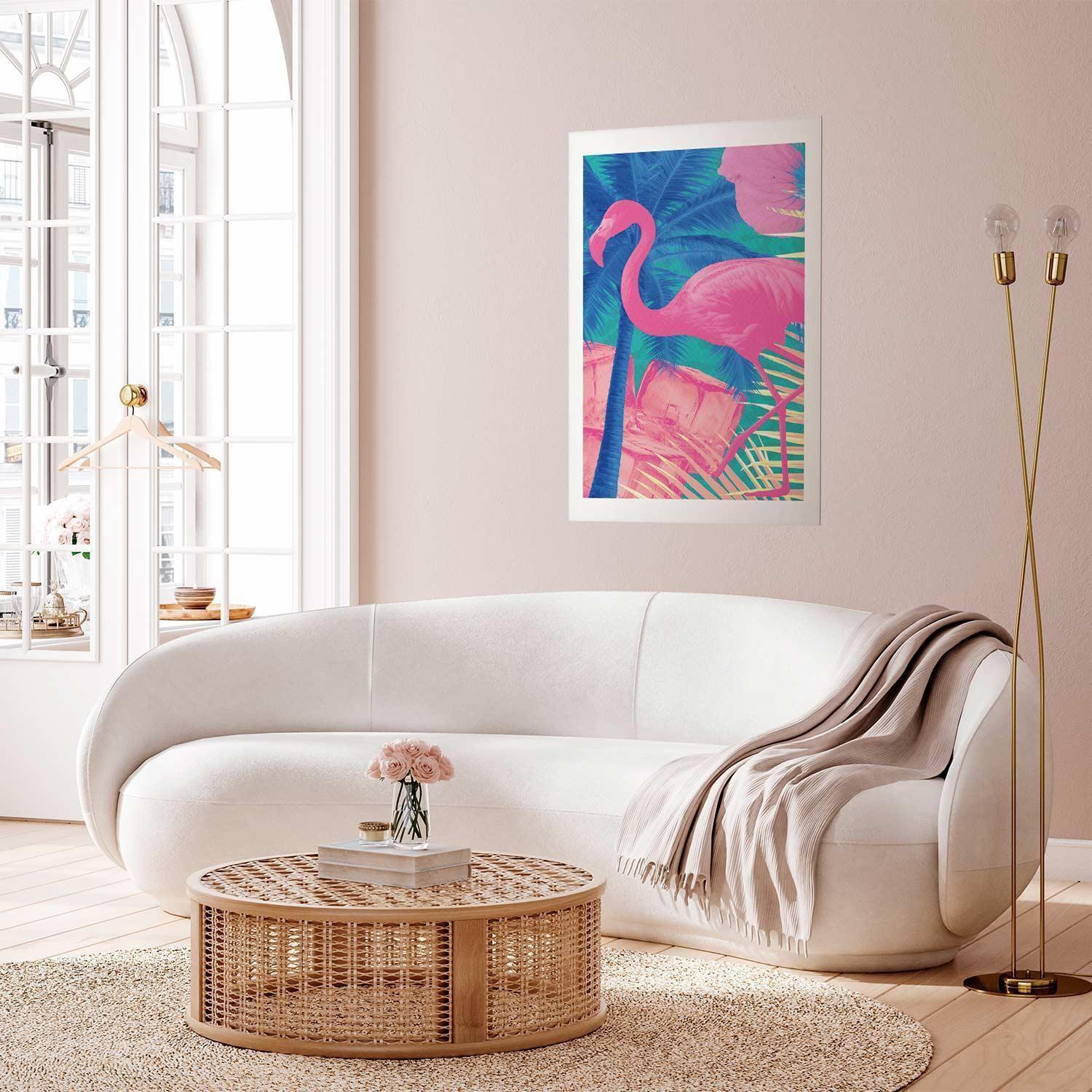 Poster - Pink Flamingo - abstract flamingo against a background of palm trees and ice cubes Artgeist
