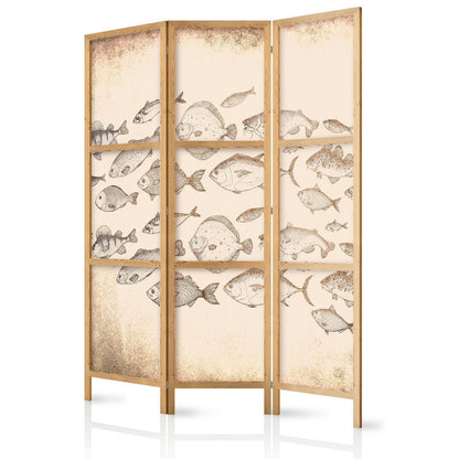 Japanischer Paravent - Sketch of a School of Fish - Sketches of Various Species of Fish Swimming in a School on a Beige Background in Vintage Style Artgeist