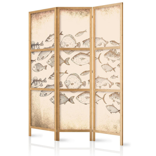 Japanischer Paravent - Sketch of a School of Fish - Sketches of Various Species of Fish Swimming in a School on a Beige Background in Vintage Style Artgeist