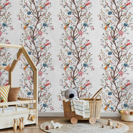 Tapete „Vögel auf blühendem Zweig“ – Elegantes Naturmotiv für deine Wand