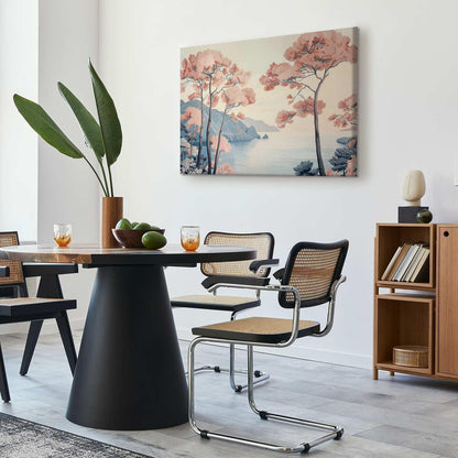 Leinwandbild - Landscape with the Ocean Cliffs and Trees in Delicate Pink Shades