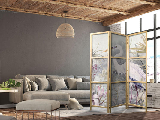 Japanischer Paravent - Heron wading in a pond – illustration in bright colours