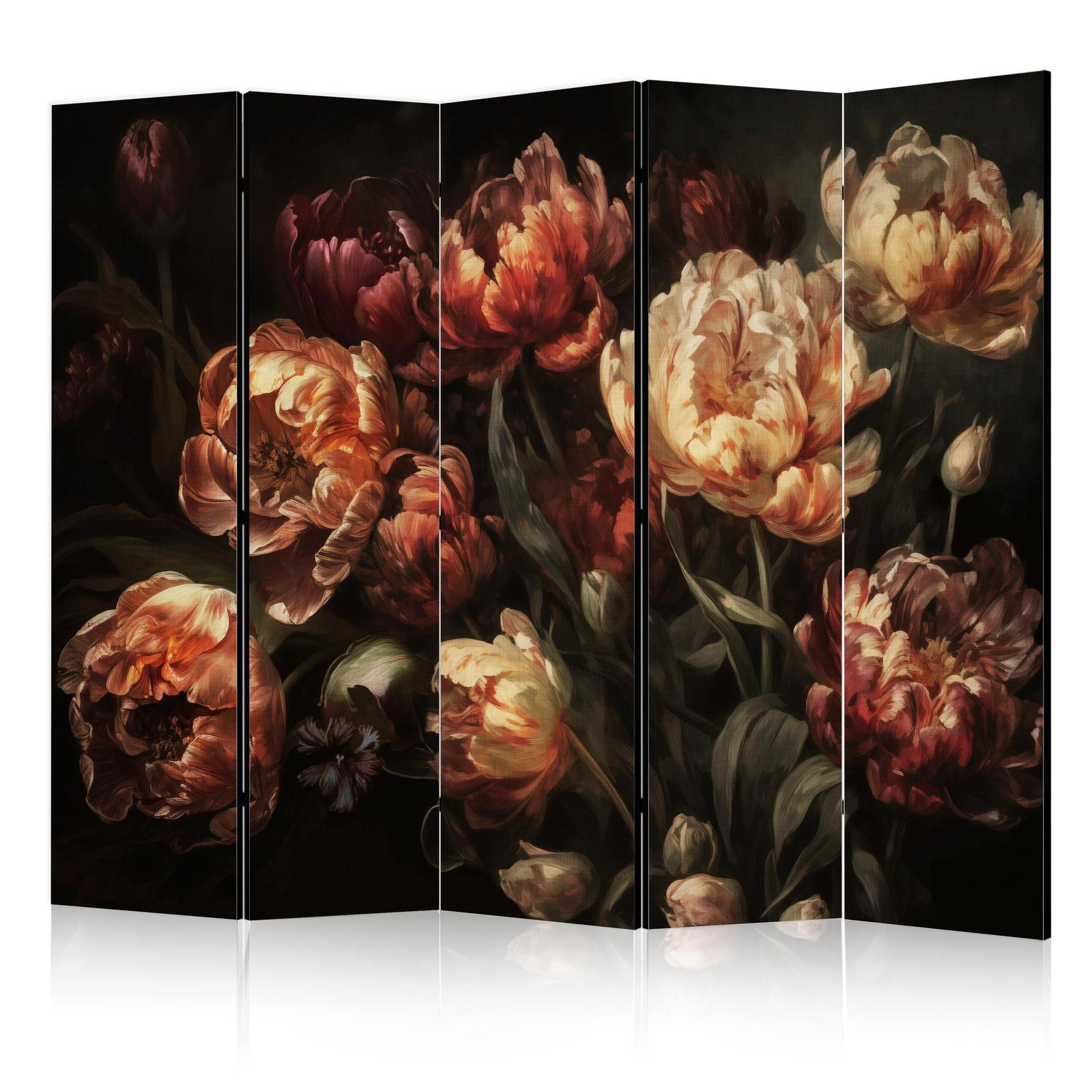 Paravent - Magnificent Tulips - Bouquet of Flowers in Red and White on a Black Background Artgeist