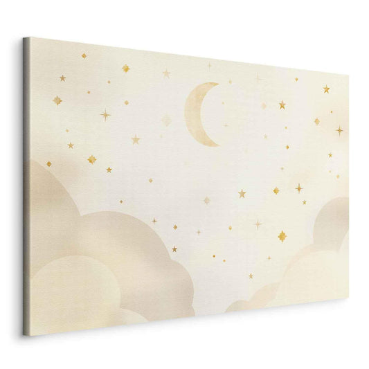 Leinwandbild - Bright Night - Moon Accompanied by Many Stars on a Light Background Artgeist