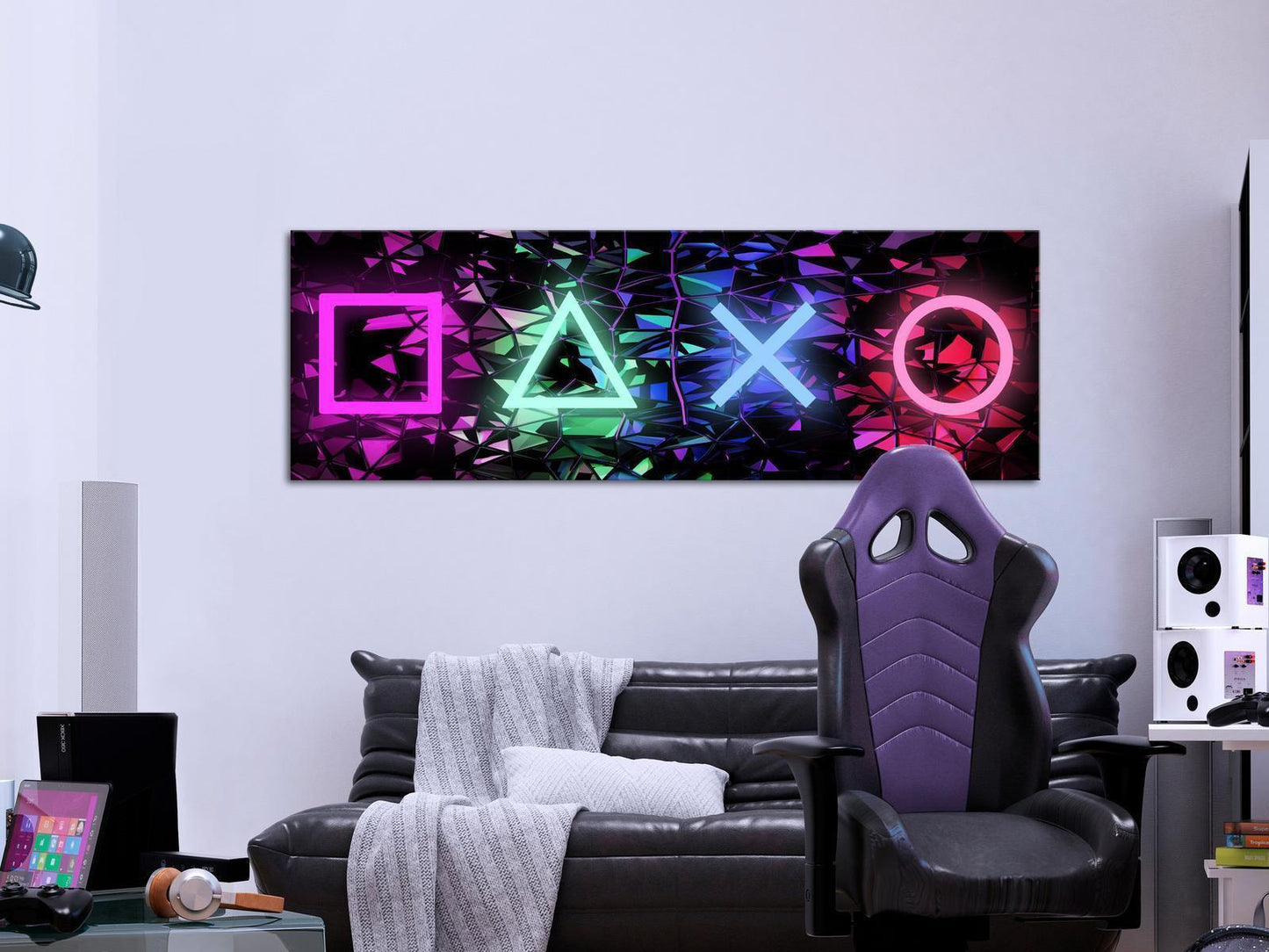 Leinwandbild - Fun Symbols (1 Part) Narrow on wall in modern room setting with gaming chair and sofa.