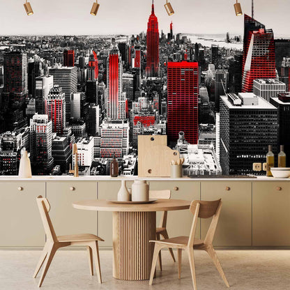 Fototapete Sin City – Schwarz-Weiß Skyline mit rotem Akzent