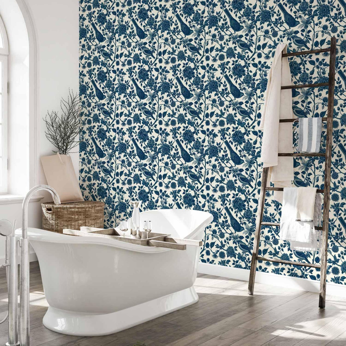 Tapete - Birds and roses - monochrome blue pattern with botanical motif