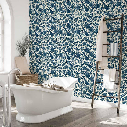 Tapete - Birds and roses - monochrome blue pattern with botanical motif