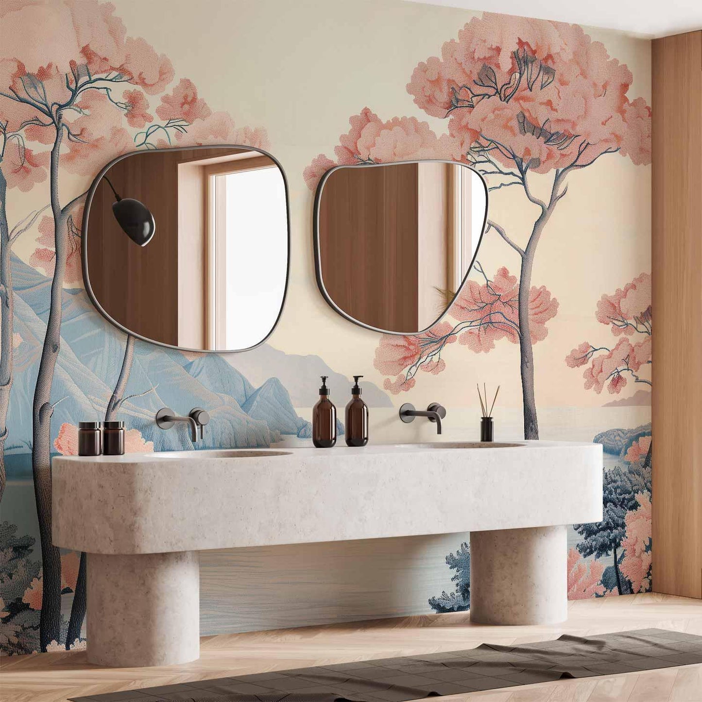 Fototapete - Landscape with the Ocean Cliffs and Trees in Delicate Pink Shades