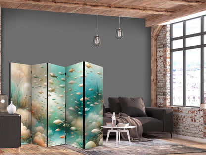 Paravent - Spectacular Underwater Landscape - Fish in an Underwater World in Turquoise Blue Beige and Delicate Orange Colors Artgeist