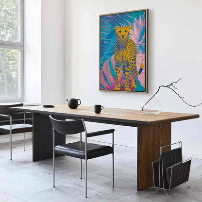 Leinwandbild - Exotic Leopard - Colorful Portrait of a Cheetah Against Tropical Leaves