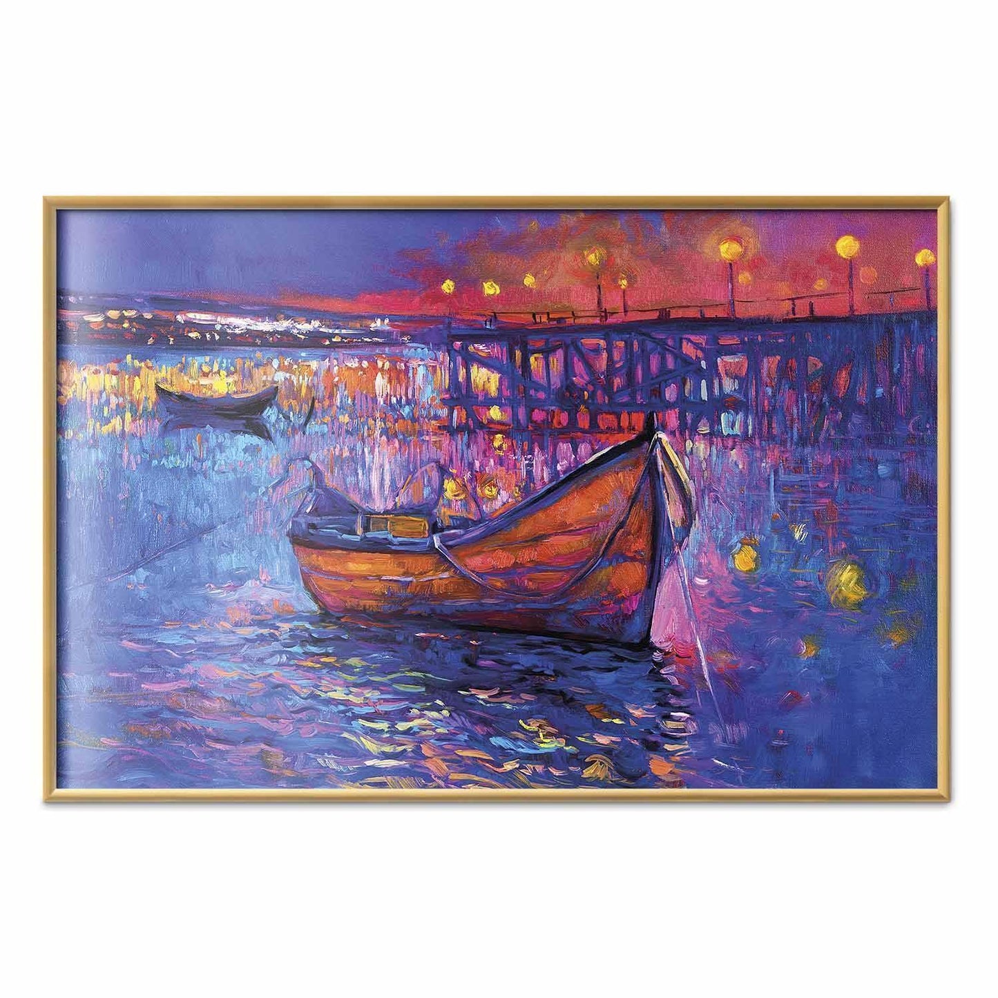 Poster - Modern impressionism - night landscape of a lake with a floating boat