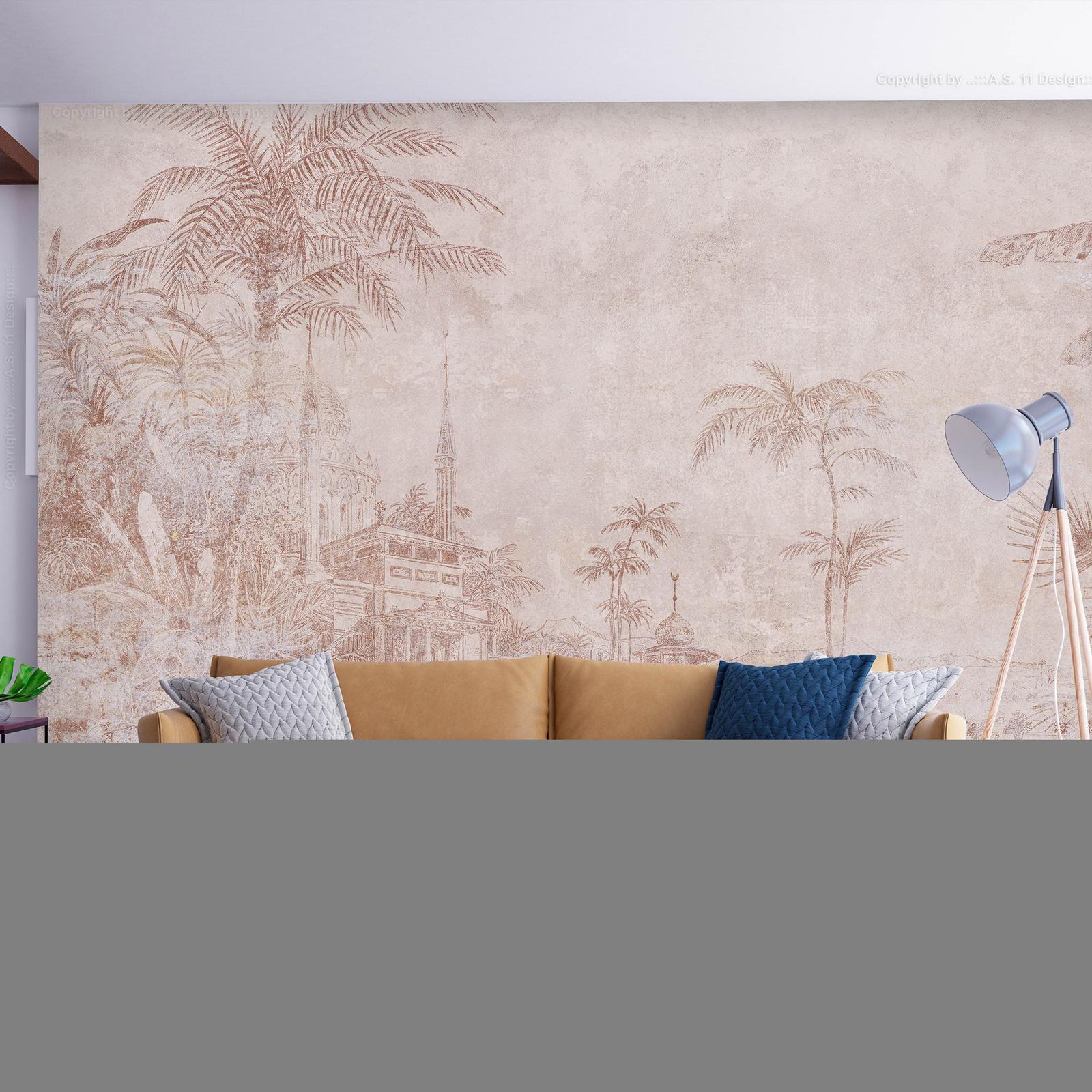 Fototapete - Landscape with temple - engraving of Indian architecture with palm trees Artgeist