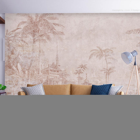 Fototapete - Landscape with temple - engraving of Indian architecture with palm trees Artgeist