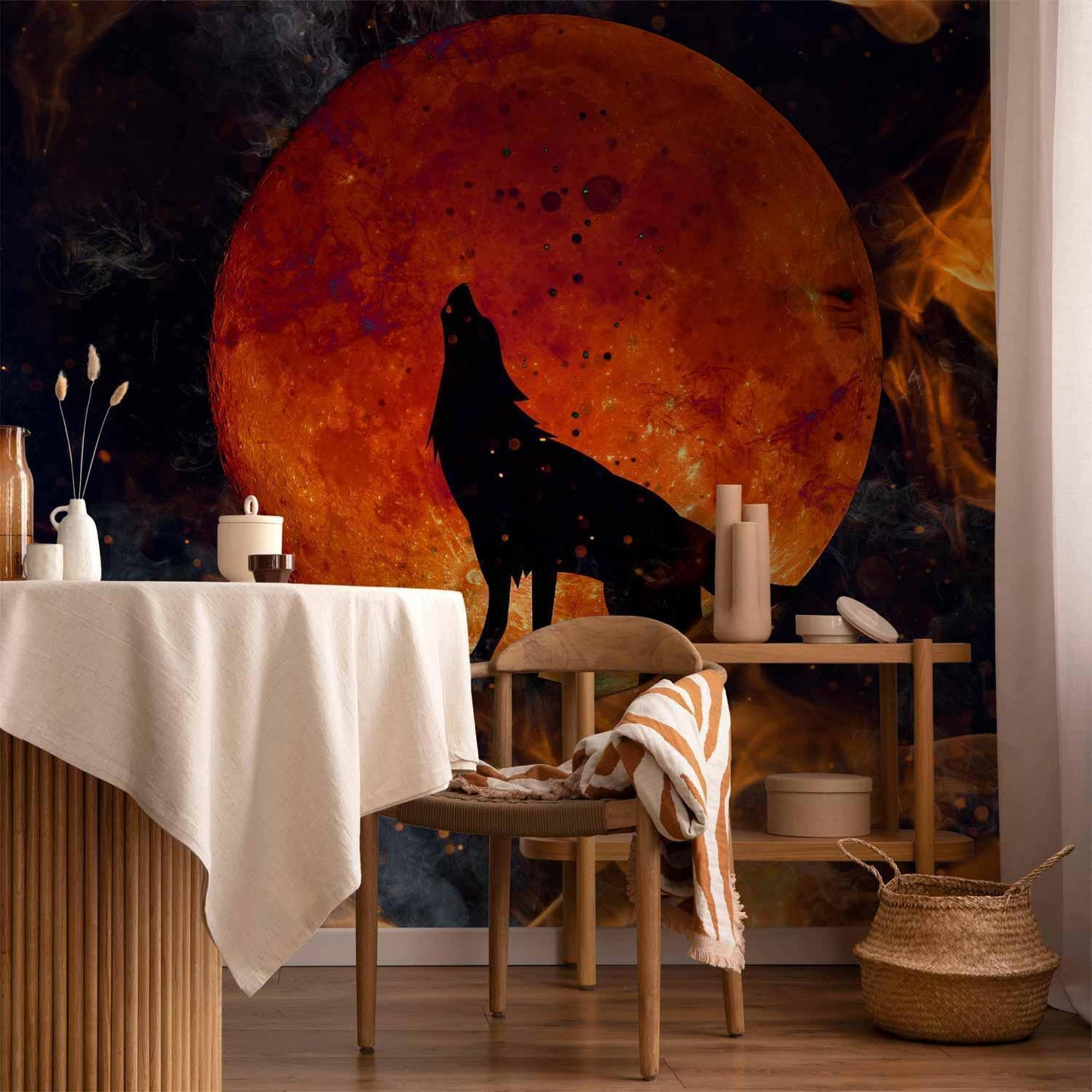 Fototapete - Wild nature - wolf on a background of a red moon in flames of fire Artgeist