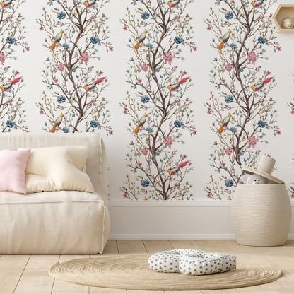 Tapete „Vögel auf blühendem Zweig“ – Elegantes Naturmotiv für deine Wand