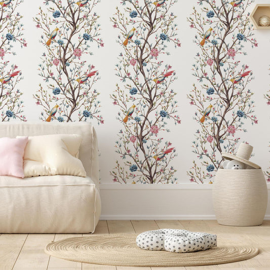 Tapete „Vögel auf blühendem Zweig“ – Elegantes Naturmotiv für deine Wand