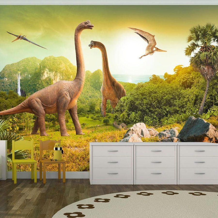 Bunte Fototapete mit Dinosauriern für Kinderzimmer

