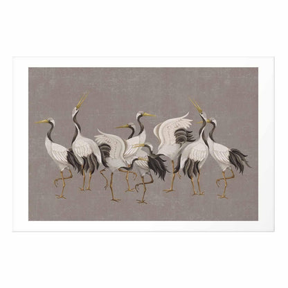 Poster - Crane Dance - light bird silhouettes on a warm-gray textured background