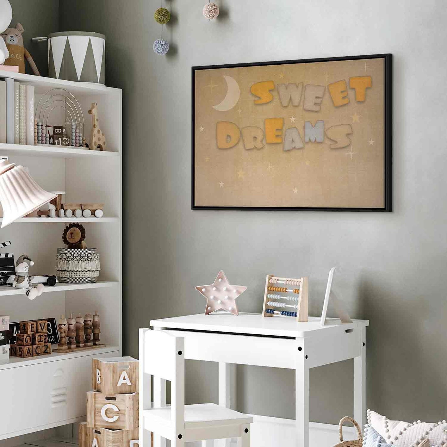 Leinwandbild - Sweet Dreams - Pastel Inscription Surrounded by the Moon and Stars