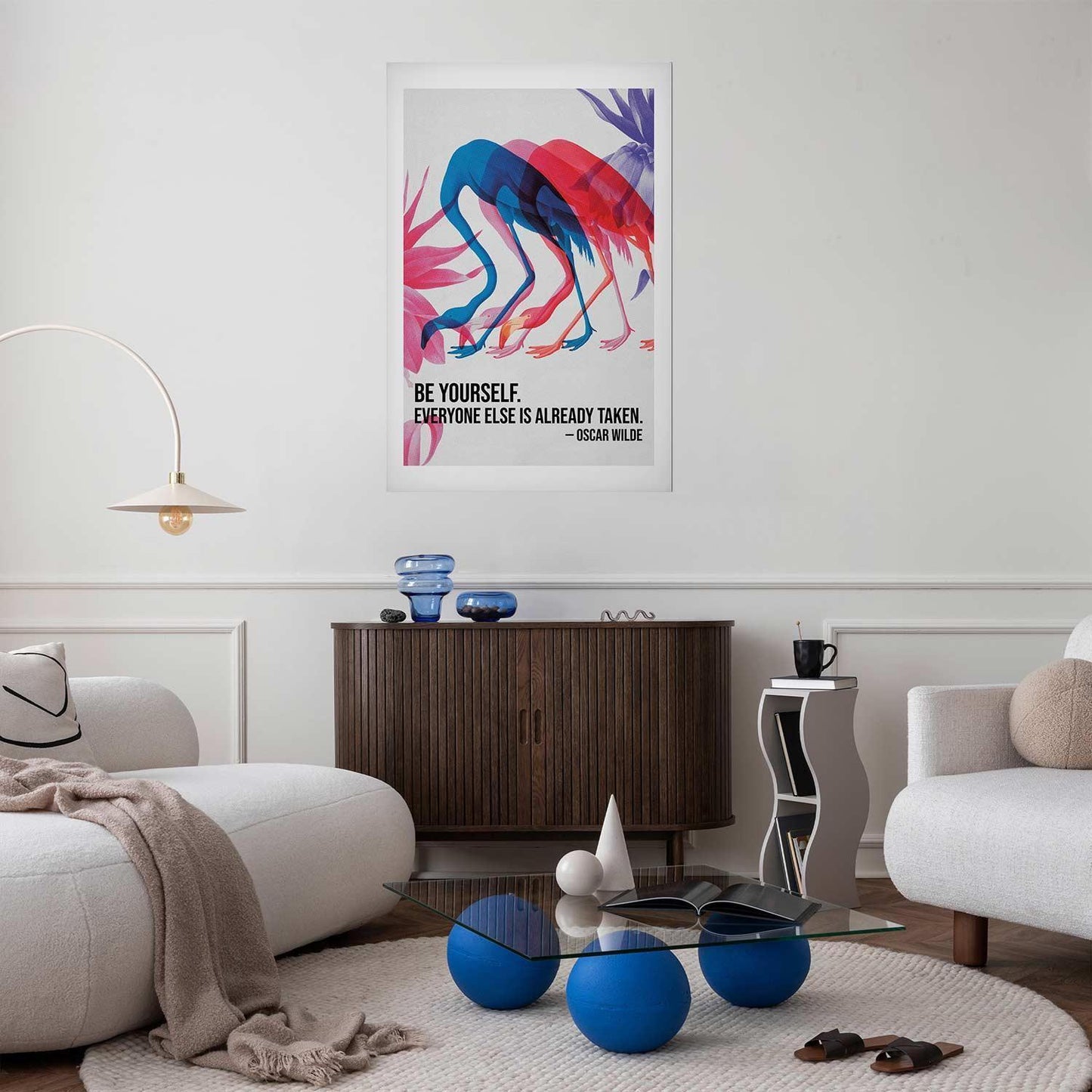 Poster - Colorful Repetition - three flamingo silhouettes with an inspiring quote Artgeist