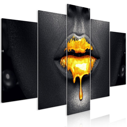 Leinwandbild Goldene Lippen – Glamouröses 5-teiliges Wandbild in Schwarz-Gold