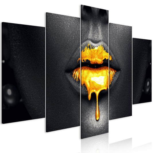 Leinwandbild Goldene Lippen – Glamouröses 5-teiliges Wandbild in Schwarz-Gold