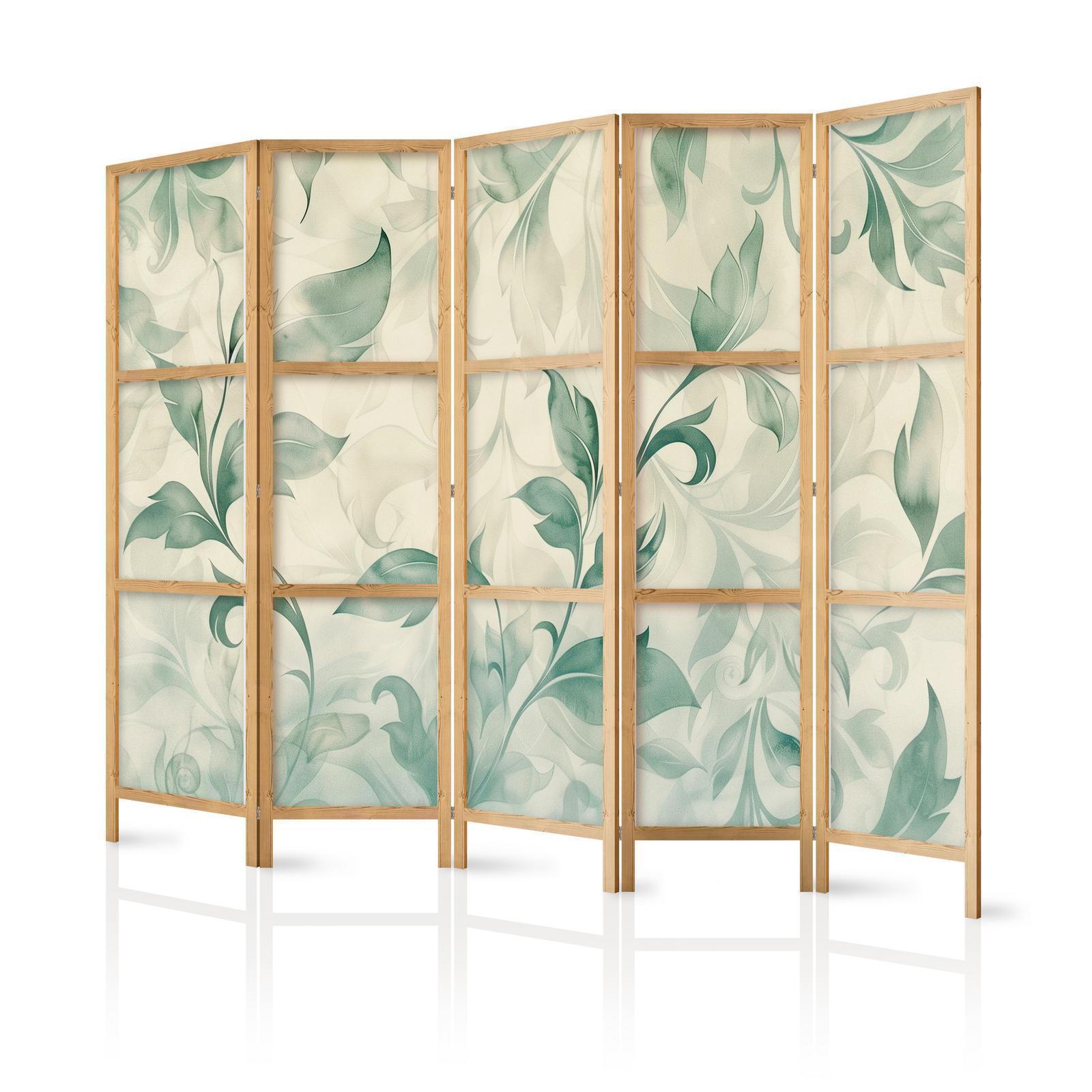 Japanischer Paravent - Watercolor Botanical Motif - Delicate Green-Beige Leaves Artgeist