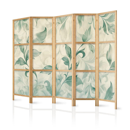 Japanischer Paravent - Watercolor Botanical Motif - Delicate Green-Beige Leaves Artgeist
