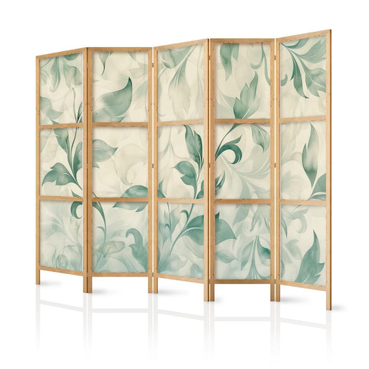 Japanischer Paravent - Watercolor Botanical Motif - Delicate Green-Beige Leaves Artgeist