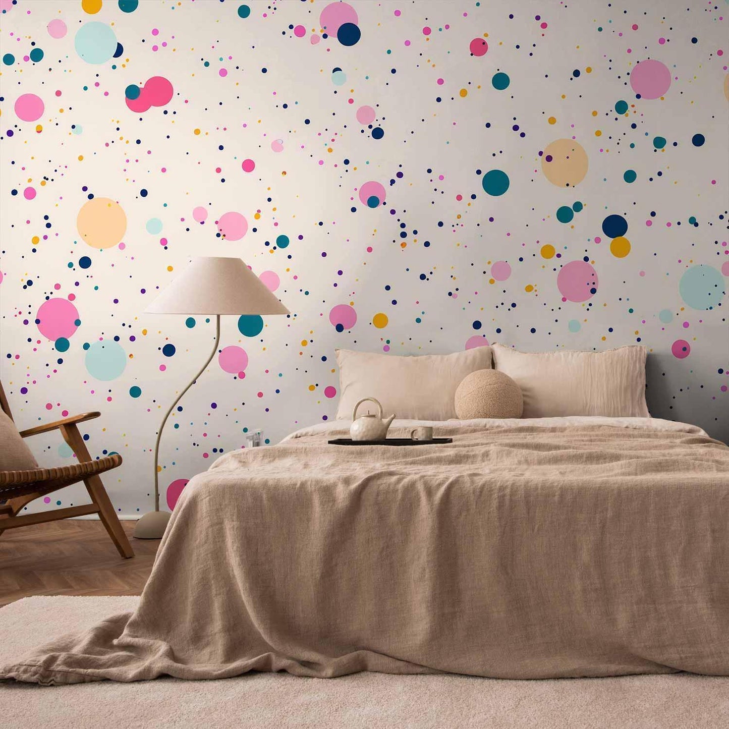 Fototapete - Dots Speckles and Splatters Multicolored Cheerful Pattern on a Light Pink Background Artgeist
