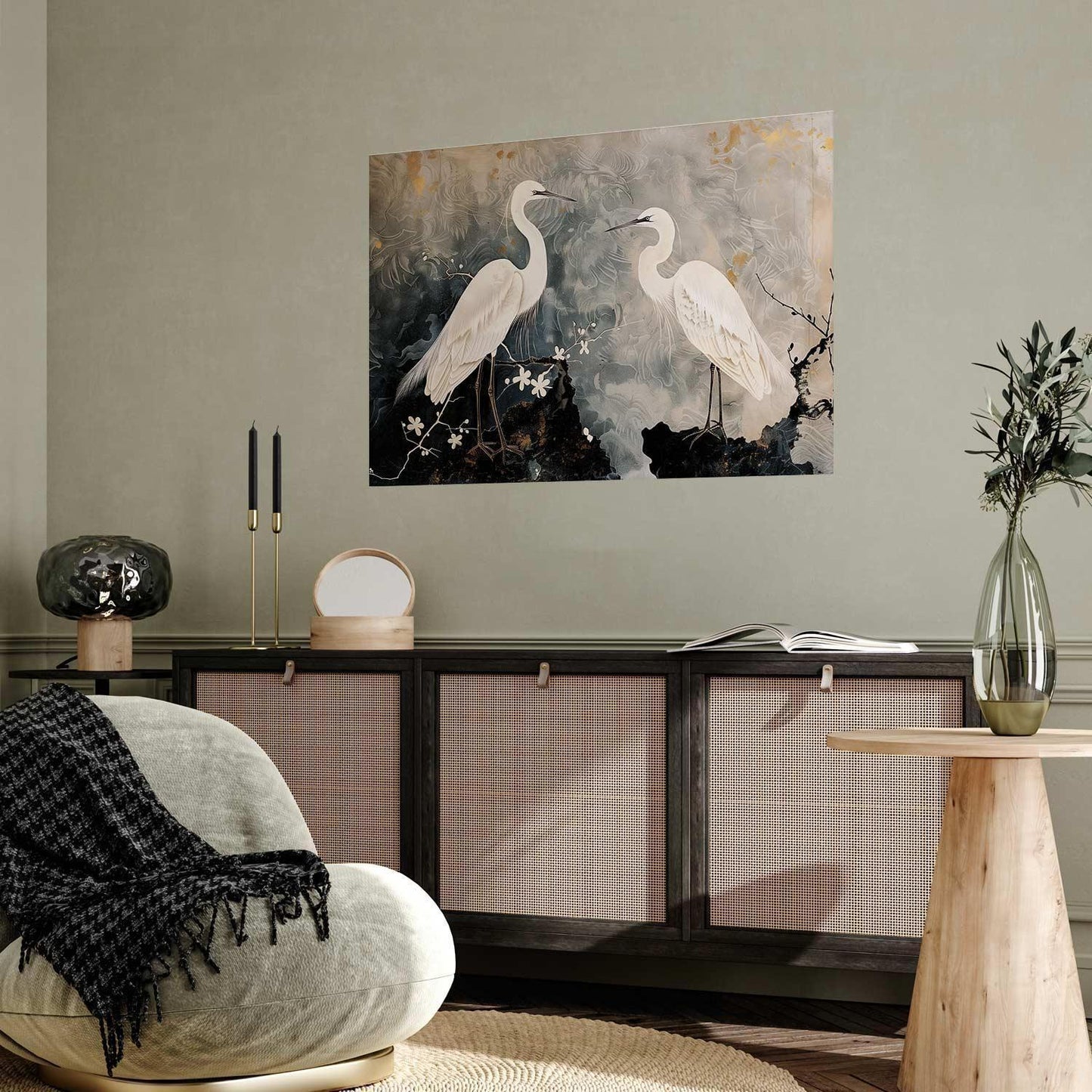 Poster - Herons and Cherry Blossom - oriental-style illustration depicting birds Artgeist