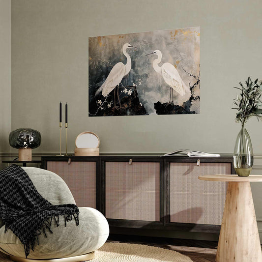 Poster - Herons and Cherry Blossom - oriental-style illustration depicting birds Artgeist