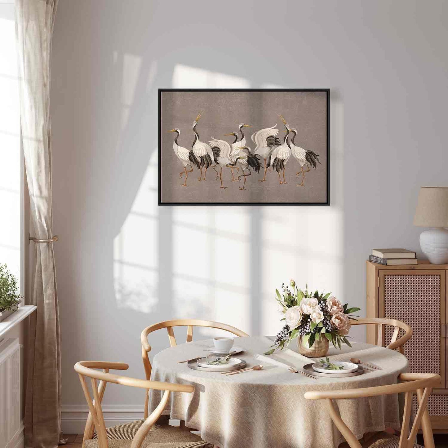 Leinwandbild - Crane dance – bright silhouettes of birds against a warm grey background with texture