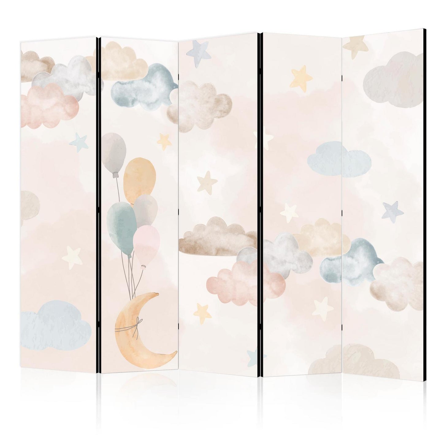 Paravent - Fairy-Tale Moon - Moon with Balloons Among Clouds and Stars in Subdued Colors on a Light Beige Background Artgeist