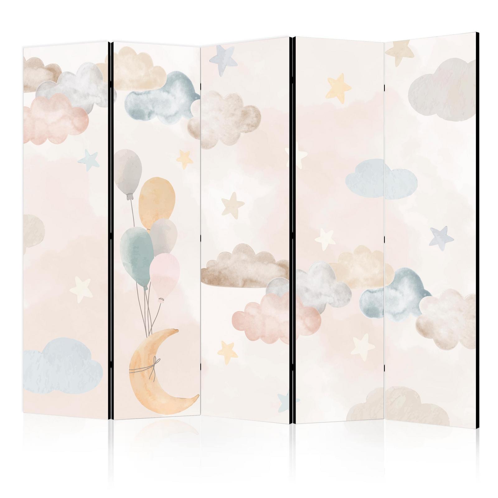 Paravent - Fairy-Tale Moon - Moon with Balloons Among Clouds and Stars in Subdued Colors on a Light Beige Background Artgeist