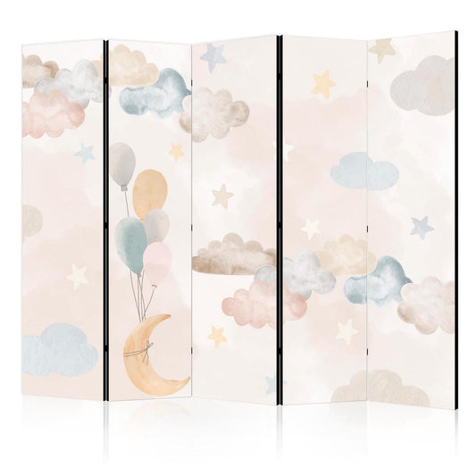 Paravent - Fairy-Tale Moon - Moon with Balloons Among Clouds and Stars in Subdued Colors on a Light Beige Background Artgeist