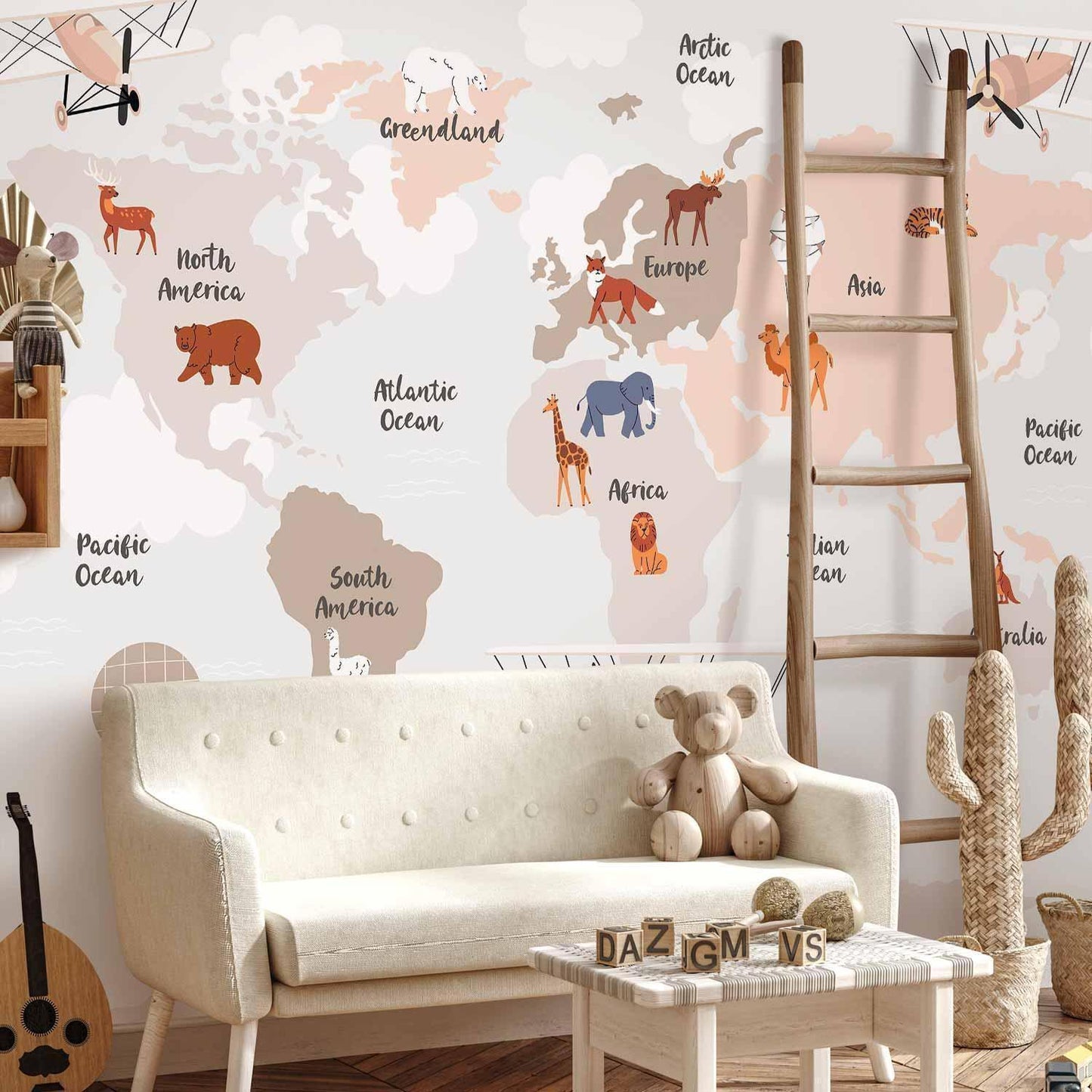 Fototapete - World Map in Beige Tones for Children's Room