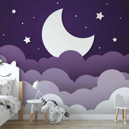 Fototapete - Moon dream - clouds in a purple sky with stars for children Artgeist