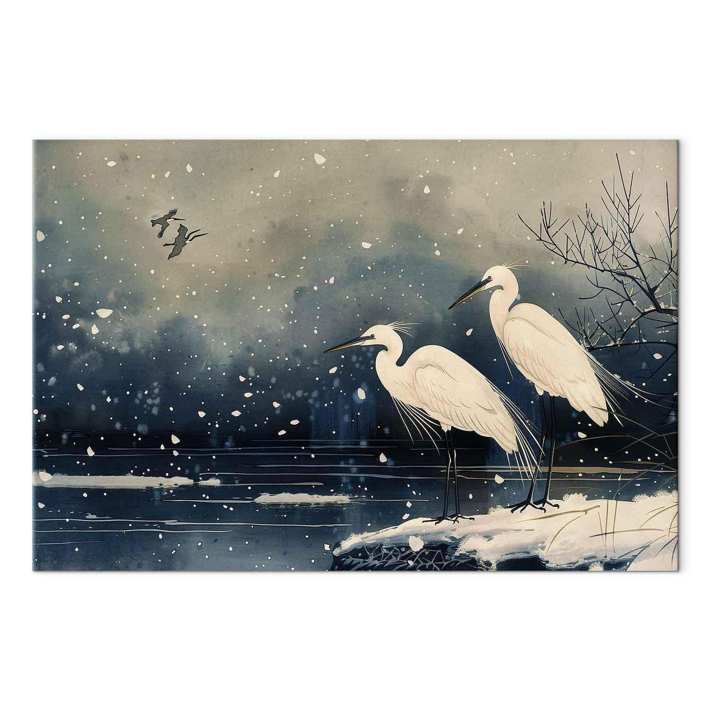 Leinwandbild - Herons over a winter pond - Japanese-style illustration in dark colours